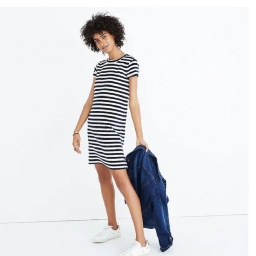 Madewell Striped Velour Tee Shirt Dress Navy Blue White Short Sleeve M Coastal